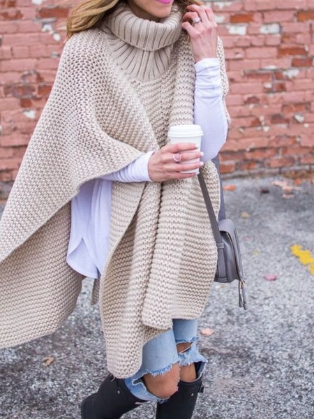 

Winter Loosen Simple High Neck Daily Long sleeve Slightly stretchy Sweater, Apricot, Pullovers