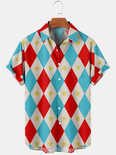 

Mens Circus Diamond Plaid Casual Breathable Chest Pocket Short Sleeve Shirts, Blue, Men's Floral shirt