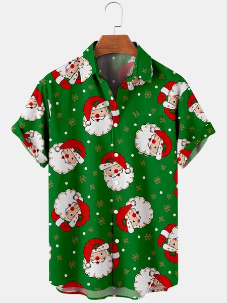 

Mens Christmas Santa Claus Printed Casual Breathable Chest Pocket Short Sleeve Shirts, Green, Men's Floral shirt
