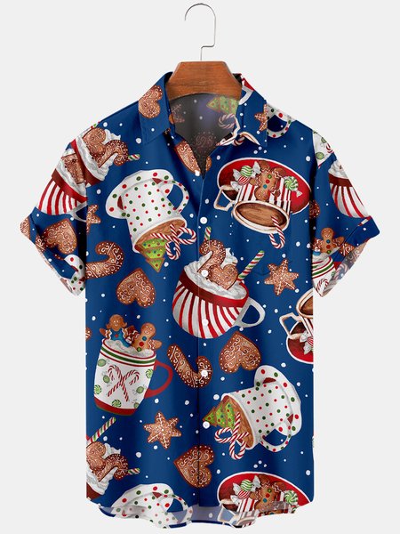 

Mens Christmas Cup Gingerbread Print Casual Breathable Chest Pocket Short Sleeve Shirts, Blue, Men's Floral shirt