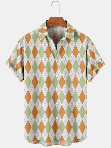 

Mens Circus Diamond Plaid Print Casual Breathable Chest Pocket Short Sleeve Shirts, Green, Men's Floral shirt