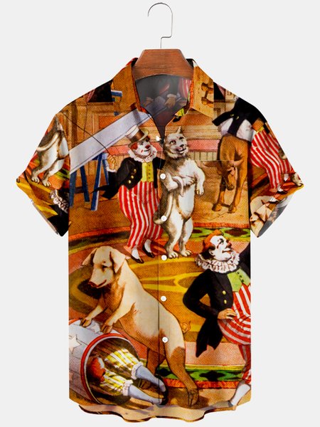 

Mens Circus Cat & Dog Joker Printed Casual Breathable Chest Pocket Short Sleeve Shirts, Brown, Men's Floral shirt