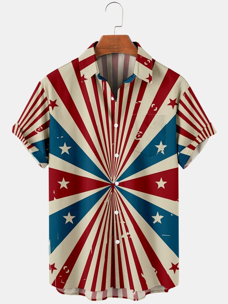 

Mens Circus Star Lines Printed Casual Breathable Chest Pocket Short Sleeve Shirts, Red, Men's Floral shirt