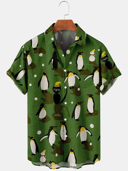 

Mens Penguin Black Cat with Little Snowman Printed Casual Breathable Chest Pocket Short Sleeve Shirts, Green, Shirts ＆ Blouse