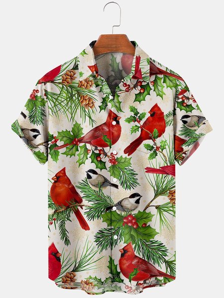 

Mens Christmas Holly Bird Print Casual Breathable Chest Pocket Short Sleeve Shirts, Khaki, Men's Floral shirt