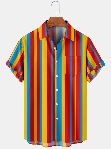 

Mens Circus Colorful Striped Print Casual Breathable Chest Pocket Short Sleeve Shirts, Yellow, Men's Floral shirt