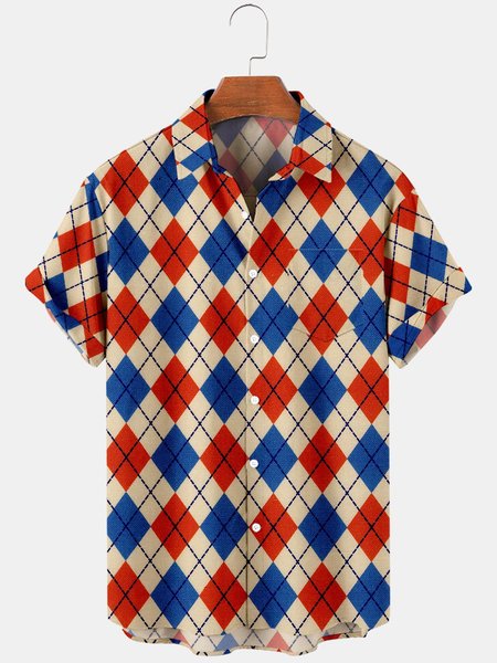 

Mens Circus Diamond Plaid Printed Casual Breathable Chest Pocket Short Sleeve Shirts, Red-blue, Men's Floral shirt