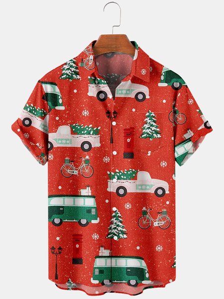 

Mens Christmas On The Road Printed Casual Breathable Chest Pocket Short Sleeve Shirts, Red, Men's Floral shirt