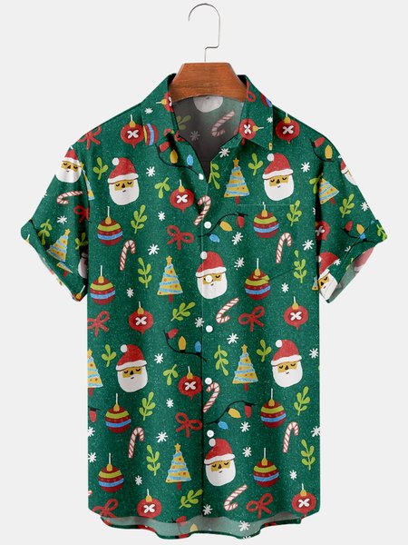 

Mens Christmas Printed Casual Breathable Chest Pocket Short Sleeve Shirts, Green, Men's Floral shirt