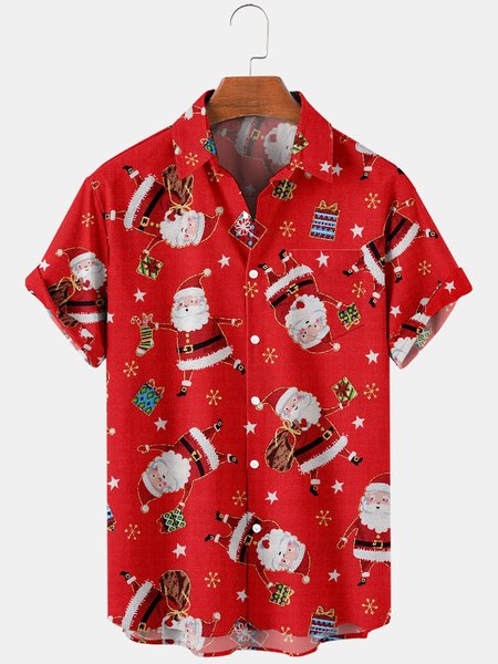 

Mens Christmas Santa Claus Printed Casual Breathable Chest Pocket Short Sleeve Shirts, Red, Men's Floral shirt