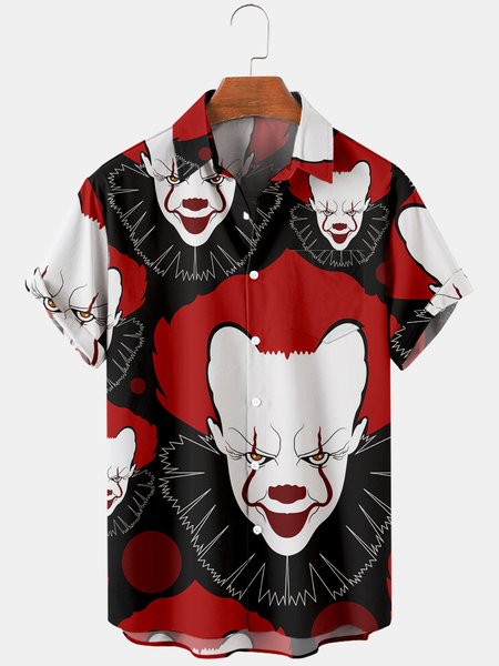 

Mens Circus Crown Joker Printed Casual Breathable Chest Pocket Short Sleeve Shirts, Black, Men's Floral shirt