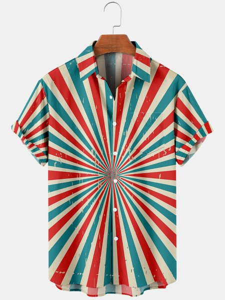 

Mens Circus Striped Casual Breathable Chest Pocket Short Sleeve Shirts, Red blue, Men's Floral shirt