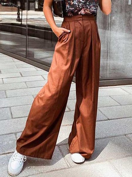 

Wide Leg Plain Loosen Pants, Brown, Wide Leg Pants