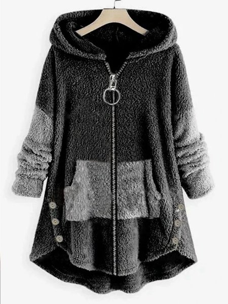 

Casual Plain Zipper Teddy Jacket, Gray, Coats