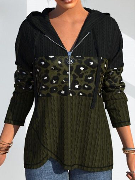 

Long sleeve V-neck zipper hooded twisted leopard print top T-shirt women, Green, Hoodies & Sweatshirts