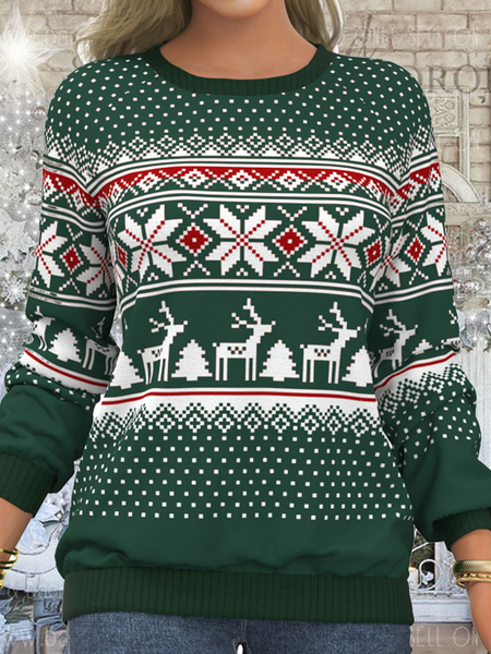 

Long sleeved crew neck Christmas geometric check print top women's sweater, Green, Hoodies & Sweatshirts