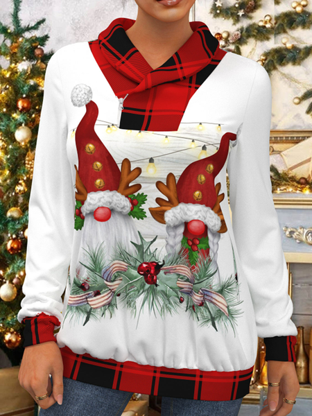 

Long sleeve Christmas Snowman mosaic geometric check print top women's T-shirt, White, Tees & T-shirts
