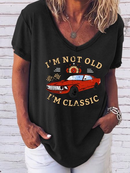 

Retro car funny text printed V-neck short-sleeved T-shirt, Black, T-shirts