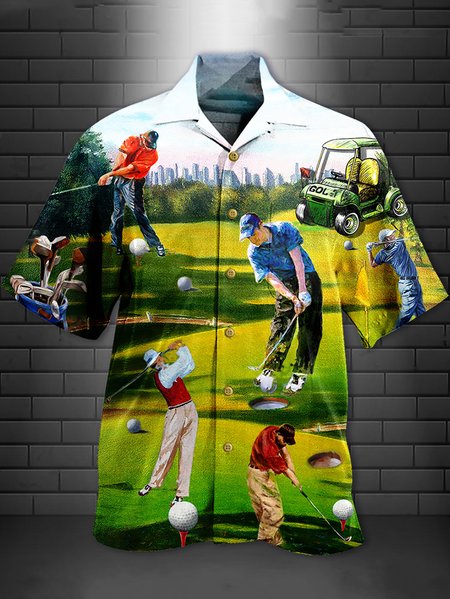

Mens Golf Print Casual Breathable Short Sleeve Shirts, Green, Men's Floral shirt