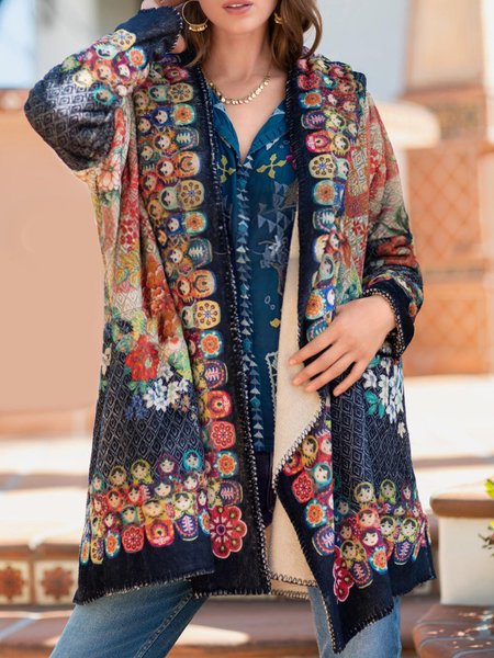 

Loosen Floral Collarless Outerwear, Multicolor, Outerwear