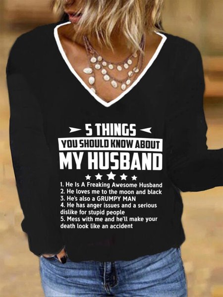 

Letters Printed Long Sleeve V Neck Plus Size Casual Tops, Black, Tops