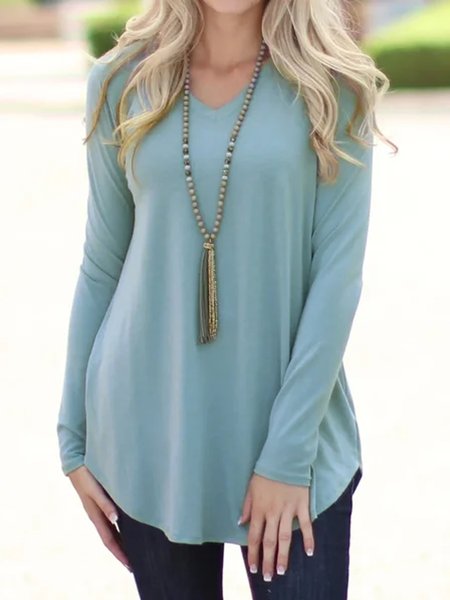 

V Neck Casual Shirts & Tops, Blue, Long sleeve tops