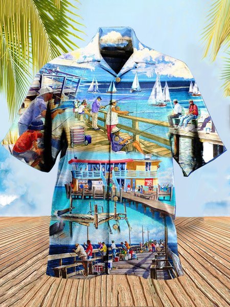 

Shirt Collar Casual Short Sleeve Shirts & Tops, As picture, Men's Floral shirt