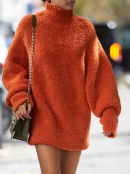 

Elegant Regular Fit Raglan Sleeve High Neck Dress, Orange, Mini Dresses