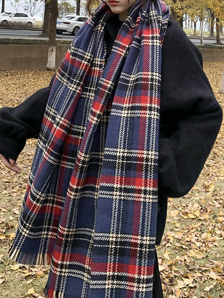 

Checked/Plaid 　ロングScarves & Shawls, Blue, Women Scarves & Shawls