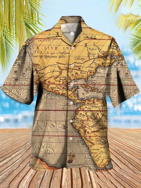 

Shirt Collar Short Sleeve Map Shirts & Tops, As picture, Men's Floral shirt