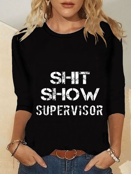 

Casual Long Sleeve Round Neck Plus Size Printed Tops T-shirts, Black, T-Shirts
