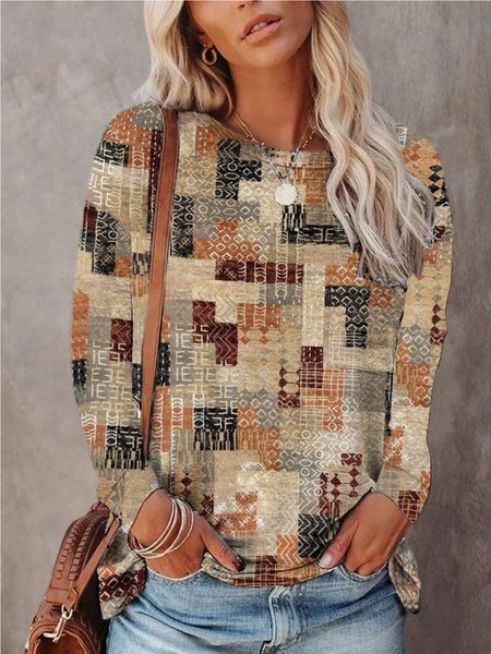 

Casual Geometric Loosen Crew Neck Shirts & Tops, As picture, Tops