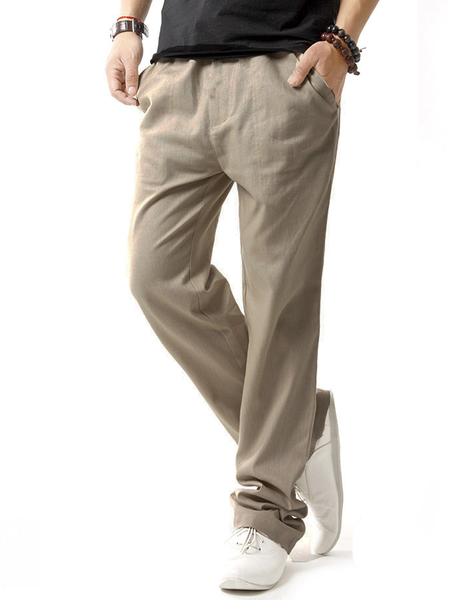 Men's Linen Elastic Waist Casual Loose Trousers, Beige, Pants
