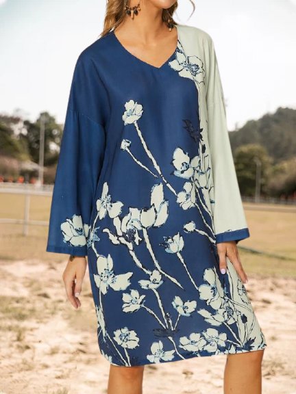 

Floral Printed V Neck Off Shoulder Casual A-line Dresses, Blue, Floral Dresses
