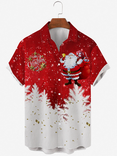 

Mens Christmas Santa Snow Pine Tree Print Round Hem Loose Short Sleeve Shirts, Red, Shirts ＆ Blouse