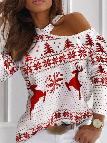

One Shoulder Christmas Casual Shirts & Tops, White, Long sleeve tops