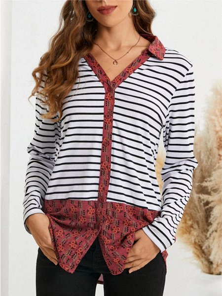 

V Neck Cotton Blends Striped Vintage Outerwear, Black-white, Cardigans