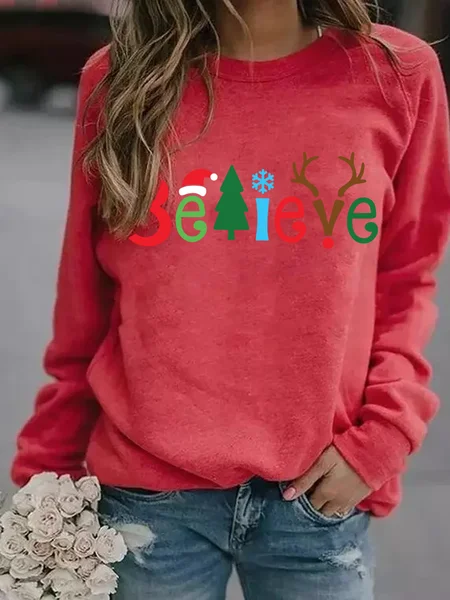 

Believe Christmas Casual Cotton Blends Crew Neck Sweatshirts, Red, Hoodies&Sweatshirts