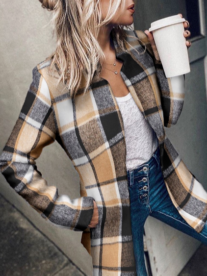 

Grid Woolen Casual Outerwear, Brown, Coats