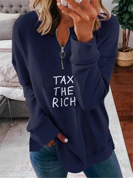 

TAX THE RICH Letter Casual V Neck Long sleeve Sweatshirt, Navyblue, Sweatshirts & Hoodies