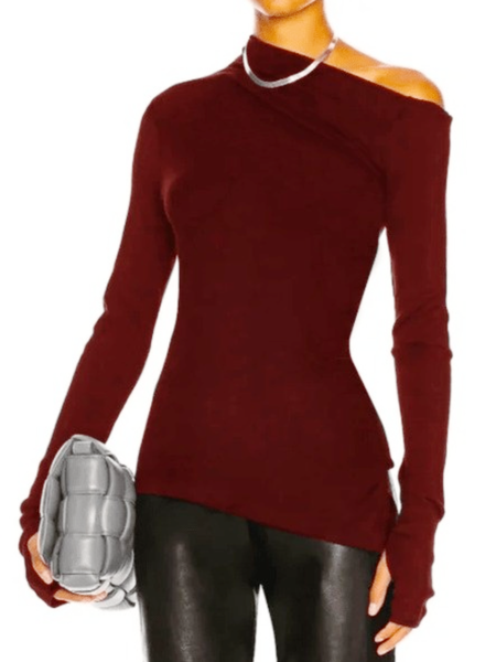 

Fall One Shoulder Cotton Skinny Elegant Simple Lady Tops, Red, Tops