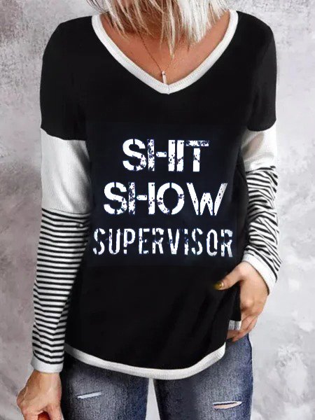 

Shit Show Letters Printed Color-block Striped V Neck Long Sleeves Plus Size Casual Tops, Black, Tops