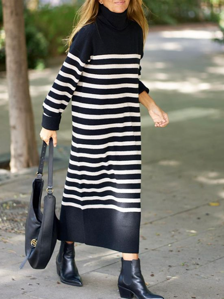 

Striped High Neck Elegant Off Shoulder Dress, Black-white, Maxi Dresses