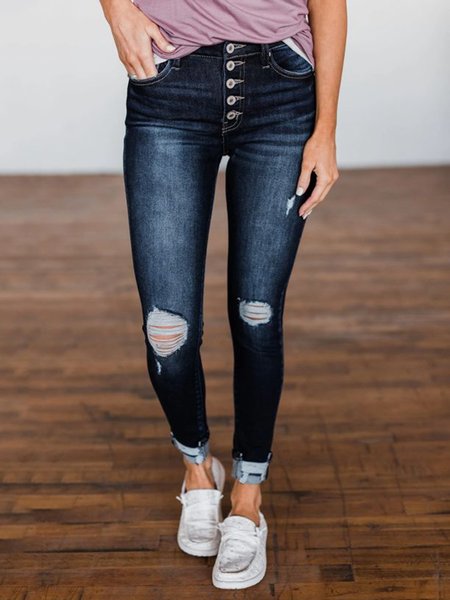 

Ripped Plain Denim Pants, Deep blue, Pants