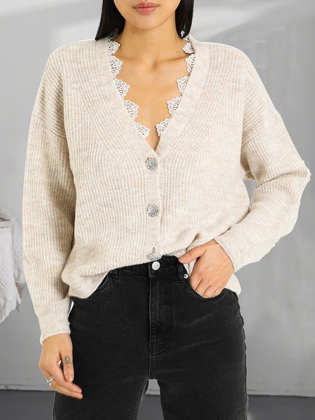 

Elegant Lace V Neck Buttoned Sweater, Apricot, Sweaters
