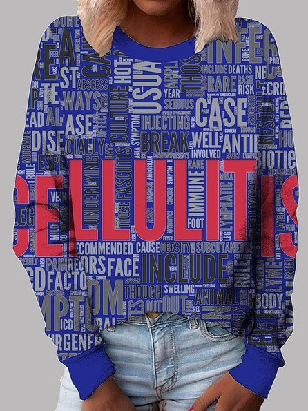 Casual Cotton Blends Crew Neck Sweatshirts, Blue, Sweatshirts & Hoodies