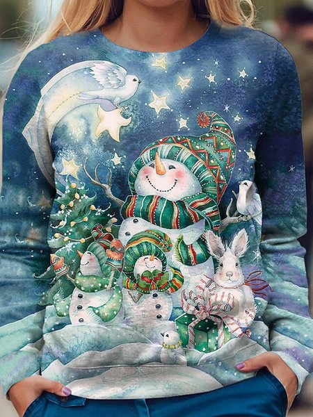 

Round Neck Christmas Snowman Loosen Sweatshirt, Blue, Hoodies & Sweatshirts