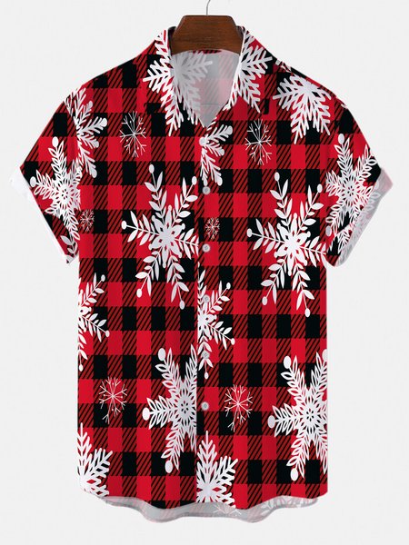 

Snowflakes On Buffalo Plaid Background Men's Short Sleeve Shirt Collar Shirts & Tops, As picture, Shirts