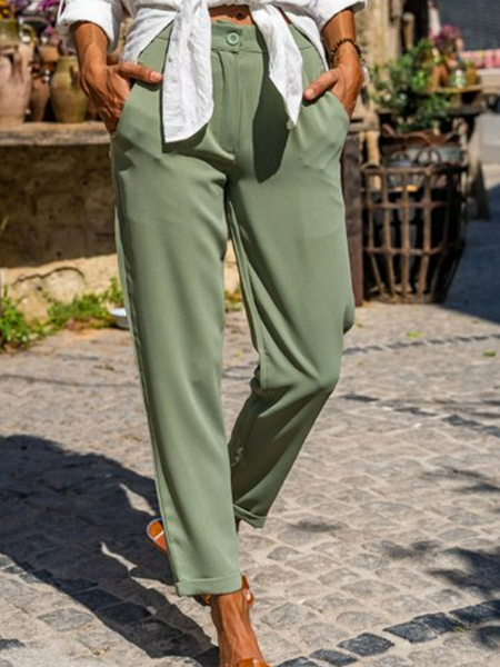 

Medium waist elastic free plain color patterned 9-point loose basic pants, Green, Pants