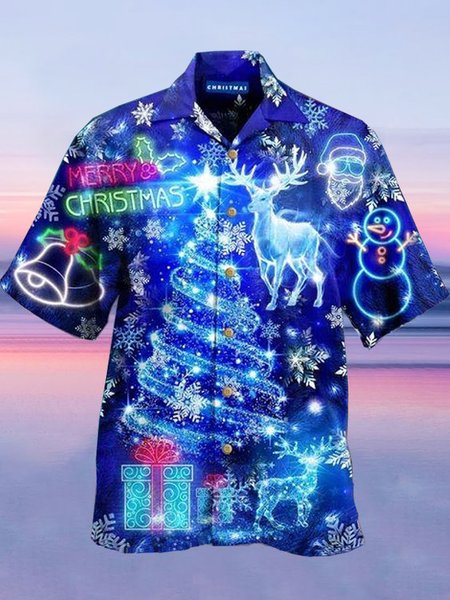 

Mens Blue Merry Christmas Light Deer And Christmas Tree Casual Breathable Short Sleeve Hawaiian Shirts, Men's Floral shirt